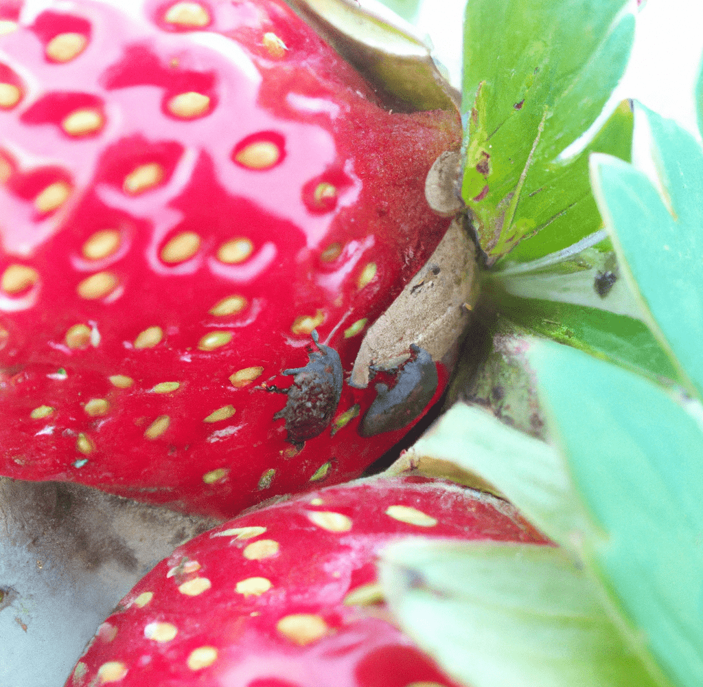 两只棕色的虫子爬在草莓上