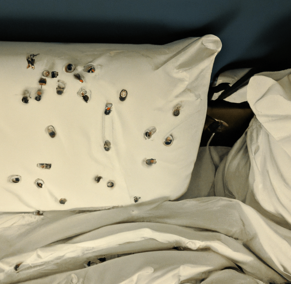 床上的枕头上有黑色的臭虫